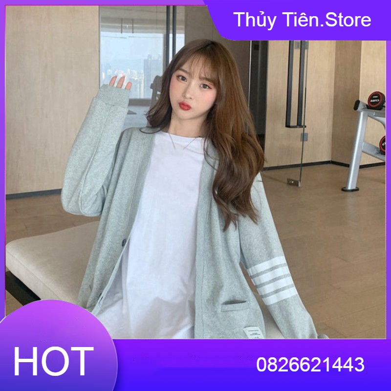 ÁO CADIGAN XÁM ĐEN SỌC NGANG CHO NỮ - ÁO KHOÁC LEN NỈ TAY DÀI CỔ CHỮ V KẺ VIỀN TRẮNG 💎👗💝