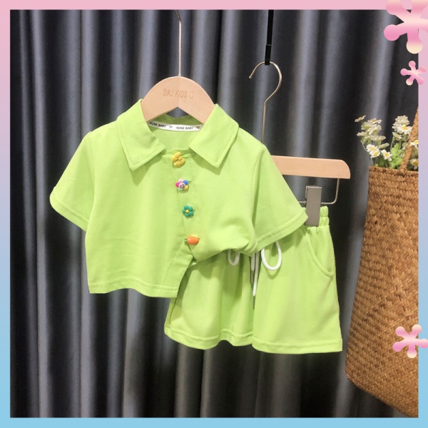 Bộ Đồ Thể Thao Áo Thun Tay Ngắn Cổ Bẻ Phối Quần Short Kiểu Phương Tây Thời Trang Mùa Hè Cho Bé Gái