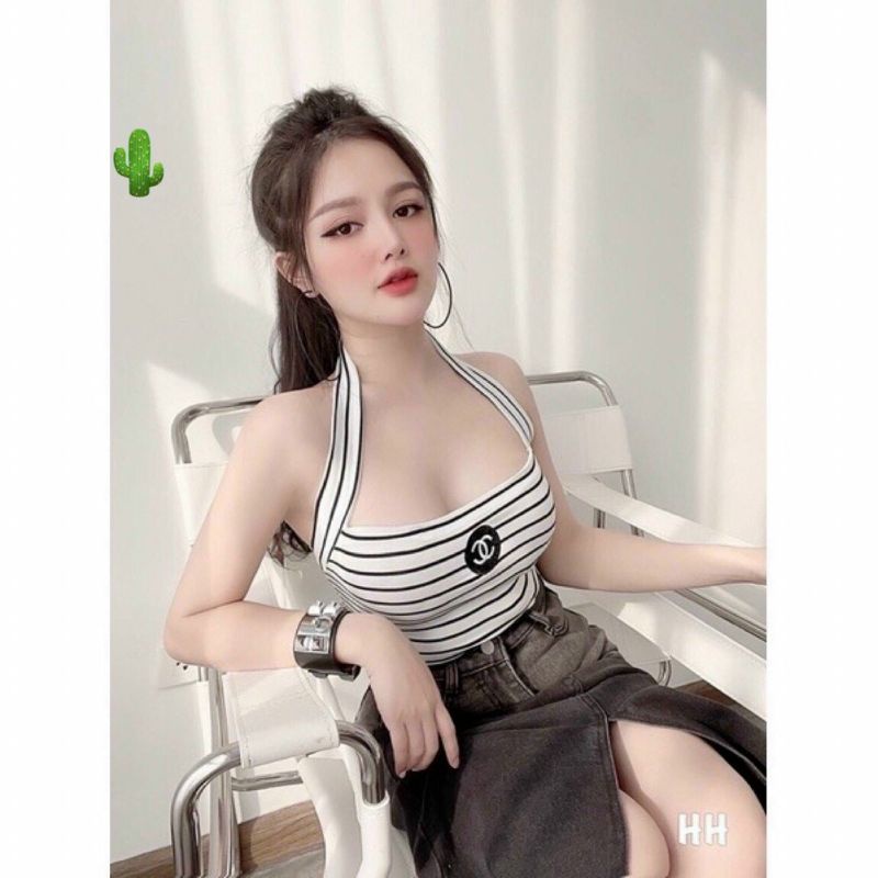 🎀ÁO CROPTOP CỔ YẾM VẢI THUN GÂN KẺ SỌC THỜI TRANG CHO NỮ P789