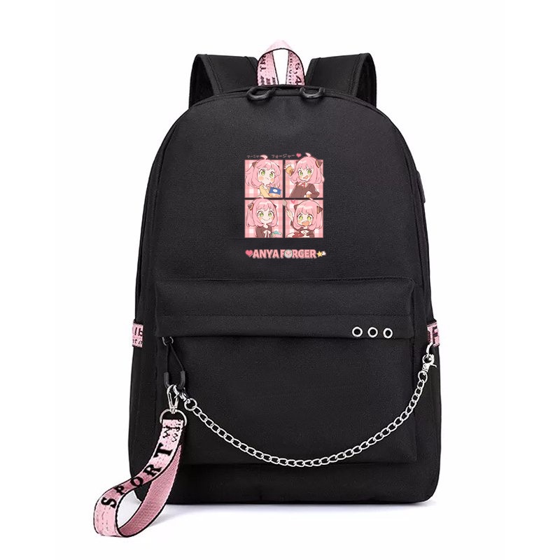 Balo thông minh đen hồng in hình ANYA ver ĂN UỐNG Spy x Family chibi anime cặp sách đi học
