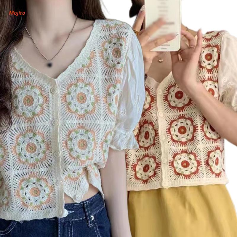 Áo Croptop Ngắn Tay Cổ Chữ V Thêu Họa Tiết Hoa Phối Nút Cài Phong Cách Pháp Cổ Điển Cho Nữ