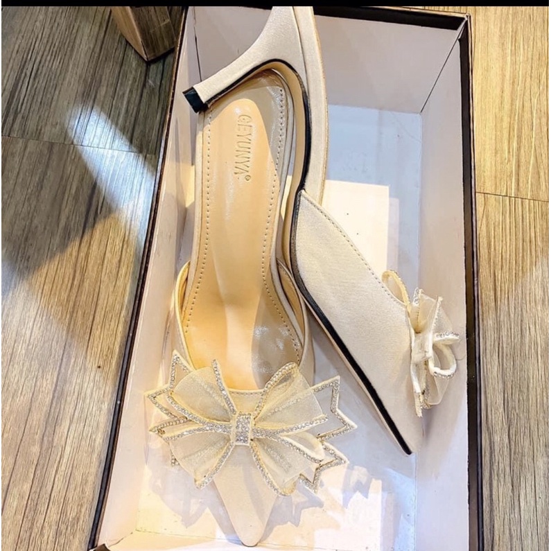 Sục lụasục nữ sục cao gót giày cao gót mũi nhọn gót nhọn 5cm 2 màu đen kem sành điệu thời trang