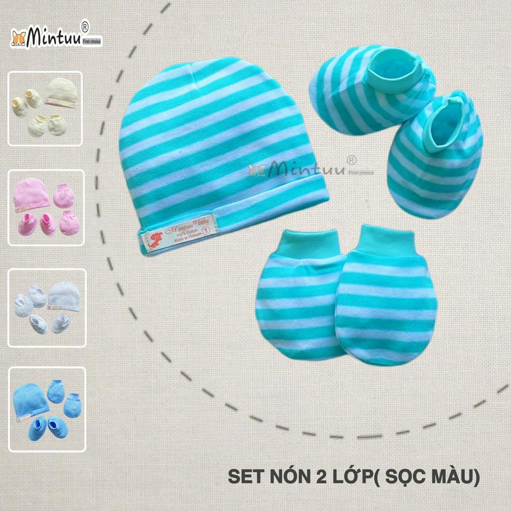 Set Nón sơ sinh 2 lớp, tay chân bo sọc màu thương hiệu MINTUU