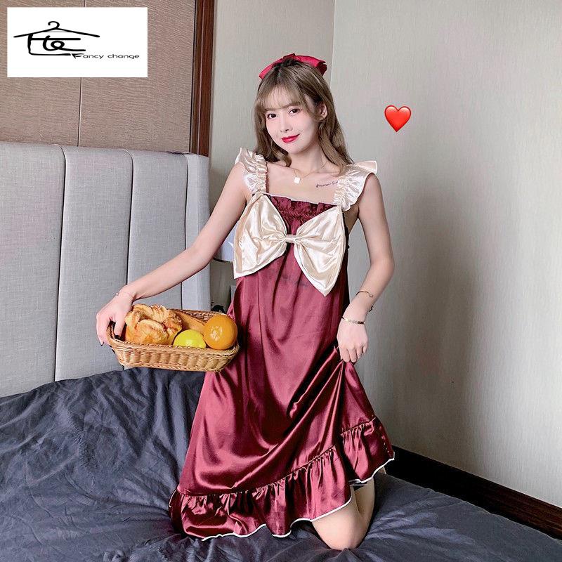 Đầm Ngủ Hai Dây Bằng Lụa Băng Đính Nơ Dễ Thương Dành Cho Nữ