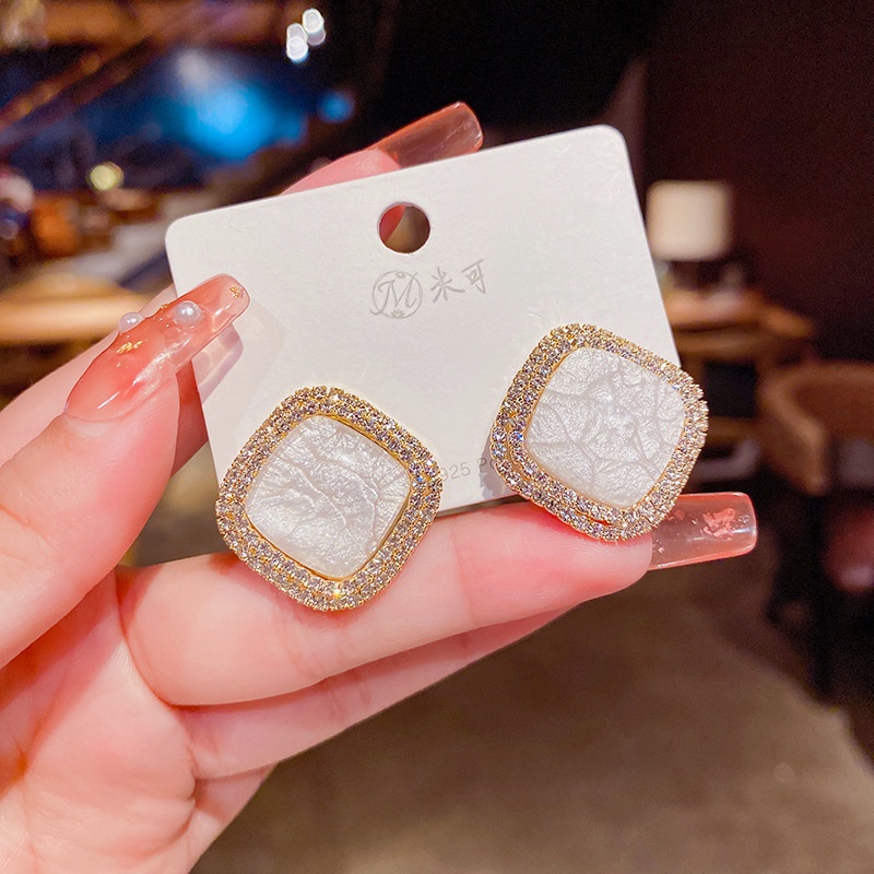 Khuyên Tai Kim Bạc S925 Hình Vuông Đính Đá Opal Cao Cấp Hợp Thời Trang Cho Nữ