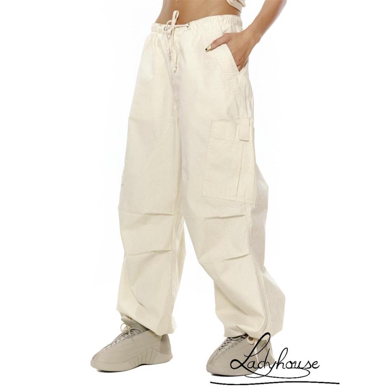 Ldd-Quần ống rộng Dây Rút Nhiều Túi Màu Trơn Vừa Vặn Cho Nữ