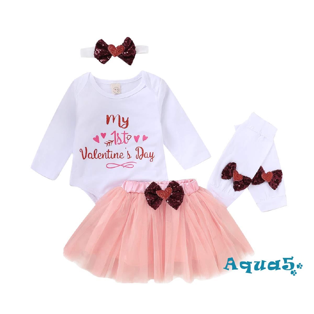 Set áo liền quần dài tay in chữ My 1st Valentine´s Day + chân váy thời trang dự tiệc cho bé gái