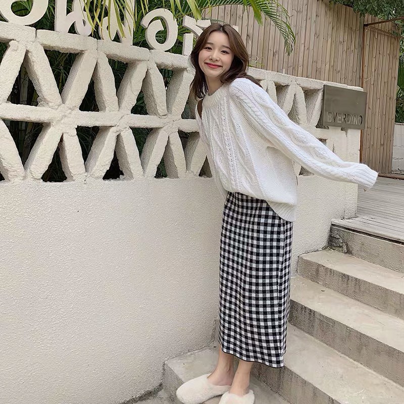 Váy midi thun len caro gingham - V632