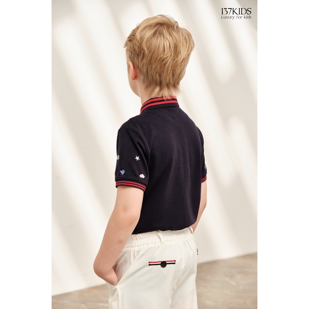 Áo polo cộc tay xanh than họa tiết 137Kids chất cotton thoáng mát năng động cho bé trai