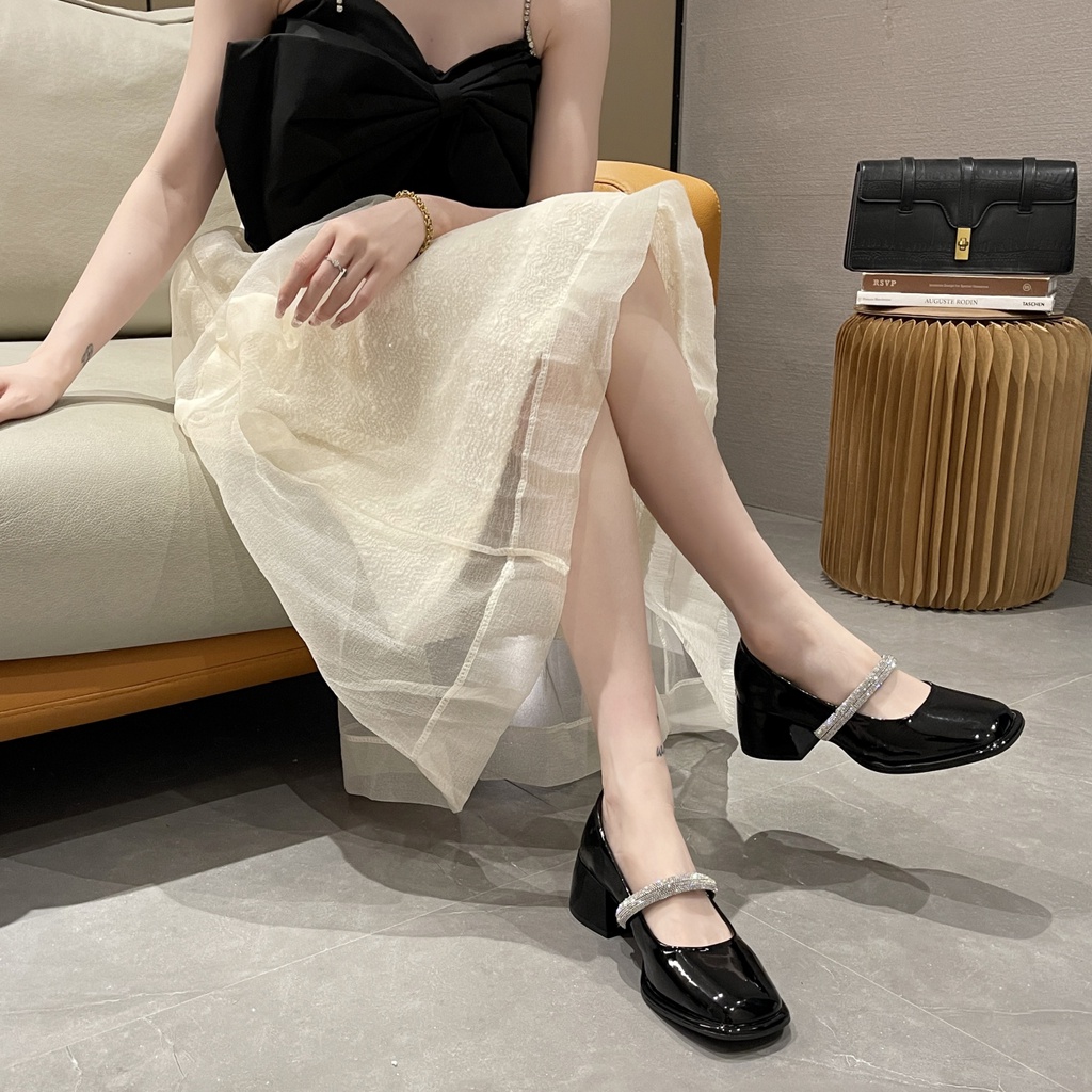 Giày Lười Mũi Vuông Đế Bằng Đính Đá Thời Trang Cho Nữ