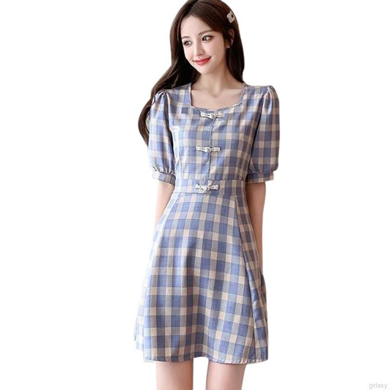 Đầm Chữ A Tay Ngắn Phồng Cổ Vuông Họa Tiết Sọc Caro Phong Cách Retro Pháp Cho Nữ