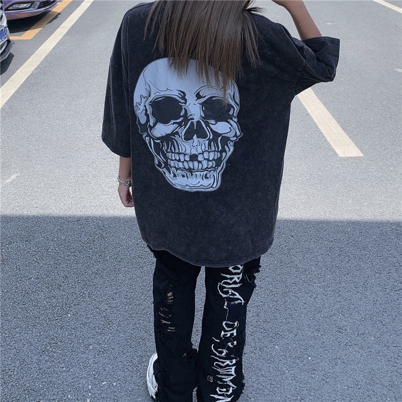 Áo Thun In Hình Đầu Lâu Phong Cách Harajuku Cổ Điển Thời Trang Mùa Hè Unisex Y2k Grunge
