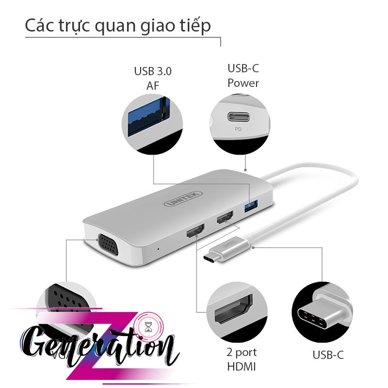 Cáp Chuyển Type-C Ra USB (3.0) + 2 Port HDMI + VGA Unitek (Y9116)