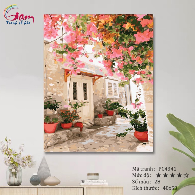 Tranh tô màu số hoá phong cảnh thị trấn ngày hè có căng khung 40x50cm PC4341