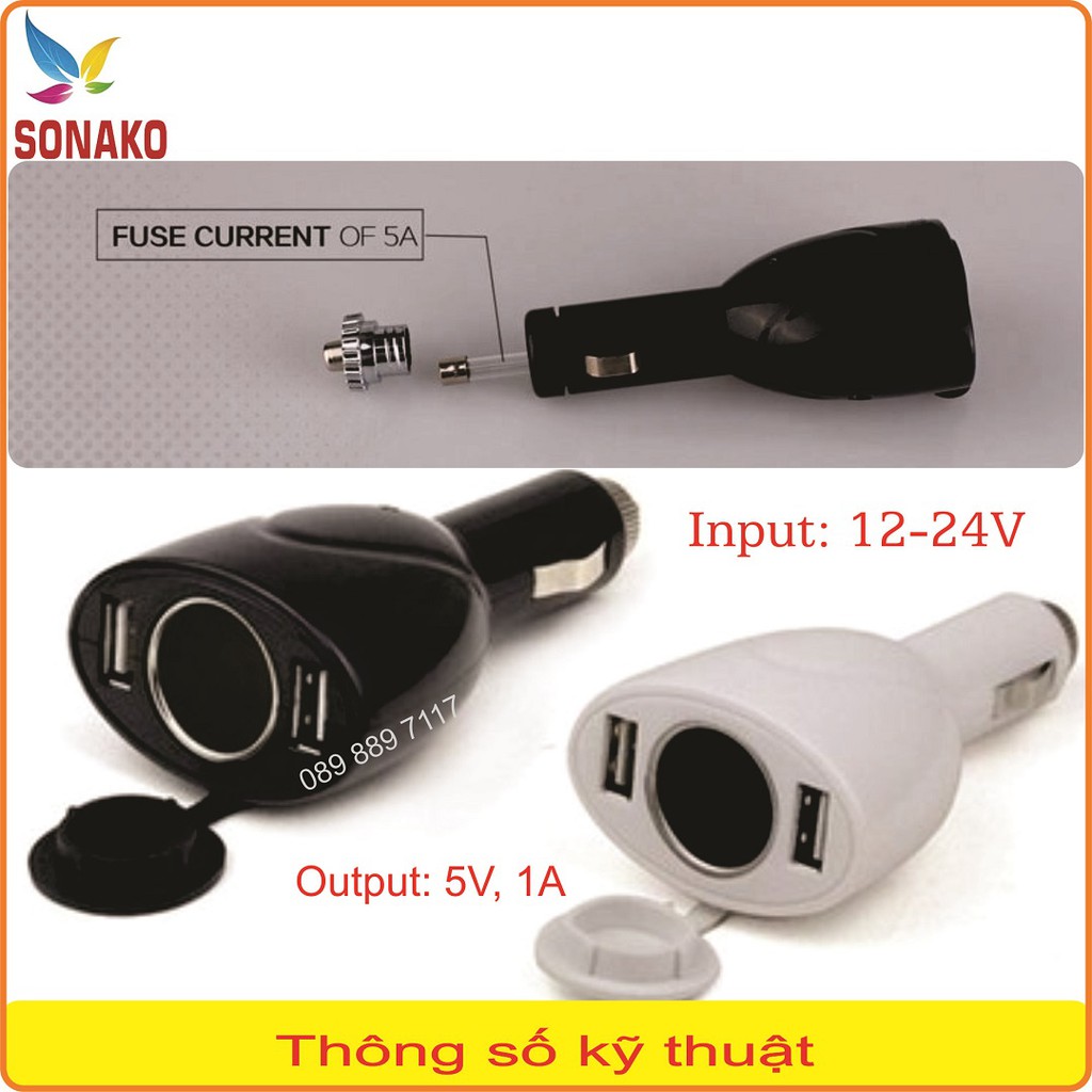 Tẩu sạc 2 cổng USB 5V,1A + kèm lỗ tẩu 12V - Sonako