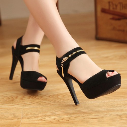 Giày cao gót đai phối khóa kéo đá trang trí	- CG92