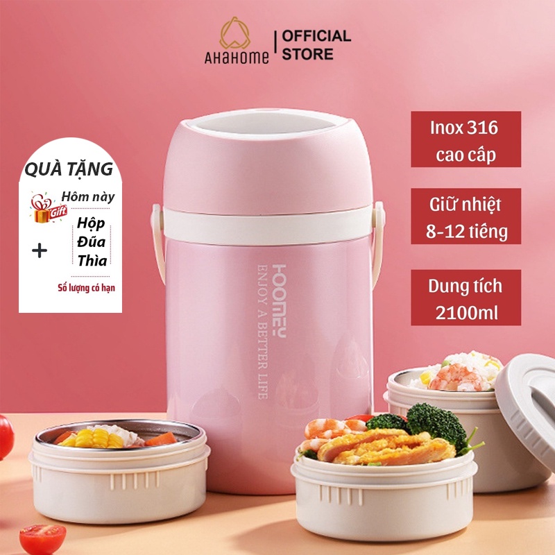 Hộp Đựng Cơm Văn Phòng Giữ Nhiệt AHAHOME Inox 316 Cao Cấp Không Gỉ Dung Tích 2100ml