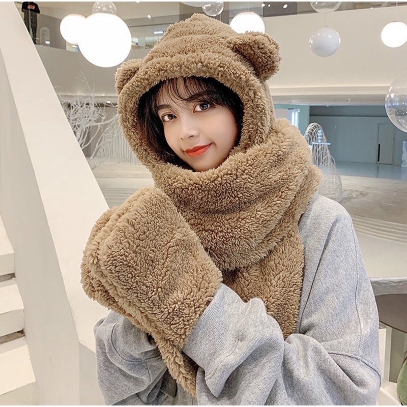❤️SALE[DEAL SỐC❤️Mũ Lông Cừu 3in1 Tai GấuFREESHIPMũ Kèm Khăn Quàng Cổ Và Sỏ Tay Kiểu Dáng Hàng Quốc