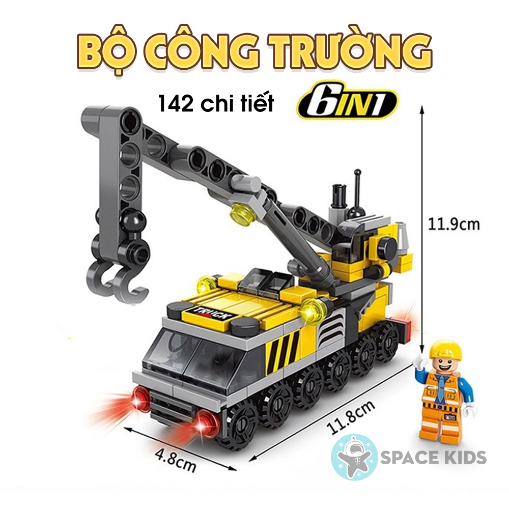 Đồ chơi mô hình lắp ráp 6 trong 1 mô hình xe cẩu Công trường 142 chi tiết cho bé