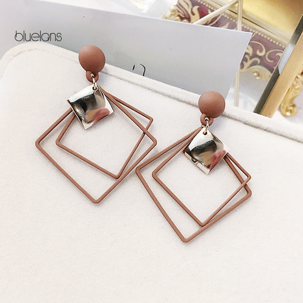 Đèn bluelans bluelans♘Đôi Khuyên Tai Dài Gắn Hạt Hình Vuông Rỗng Thời Trang Cho Nữ