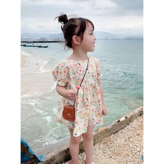 VÁY HOA MẸ BÉ VÀNG BUỘC ĐAI LƯNG