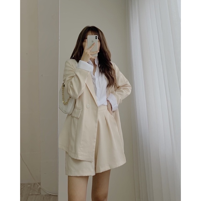 Set vest nữ dài tay, bộ vest nữ kèm quần đùi công sở, set áo blazer tay dài quần short, set blazer nữ basic chất đẹp