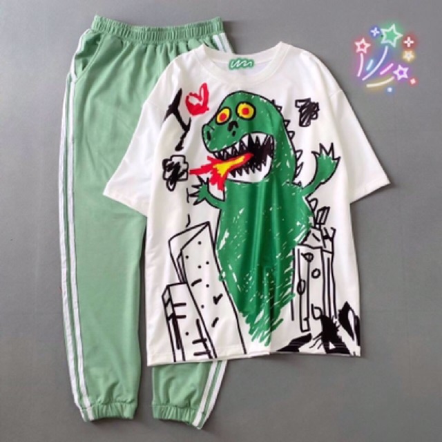 [GIÁ HUỶ  DIỆT]  Set áo khủng long + quần thun xanh 2 sọc unisex (ảnh thật )