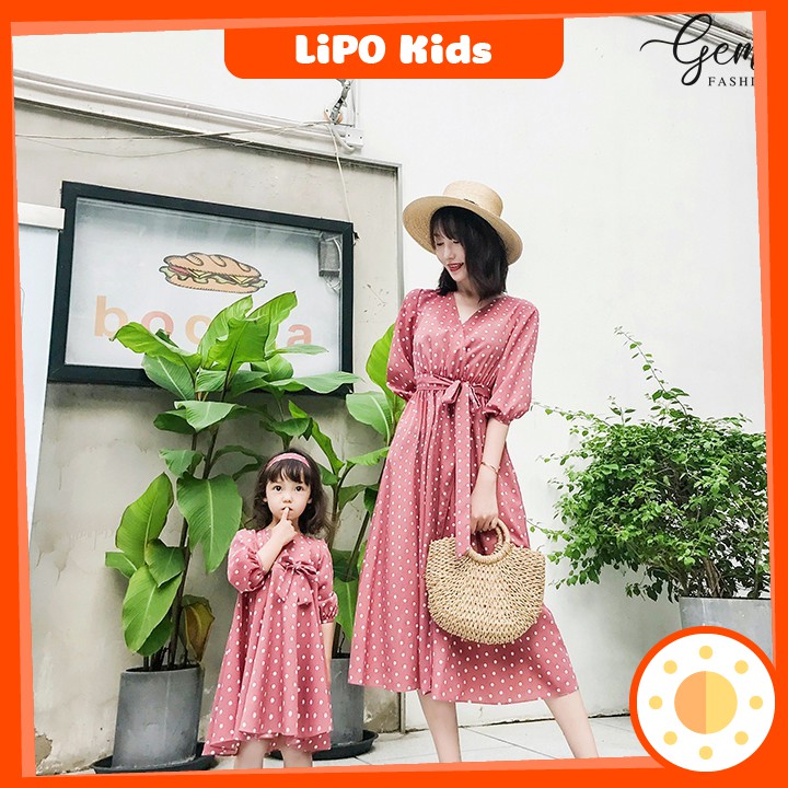 Váy Lụa Cát Maxi Chấm Bi Tôn Da Cho Mẹ Và Bé Phong Cách Hàn Quốc - VB005