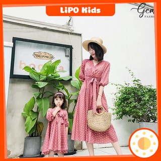 Váy Lụa Cát Maxi Chấm Bi Tôn Da Cho Mẹ Và Bé Phong Cách Hàn Quốc - VB005