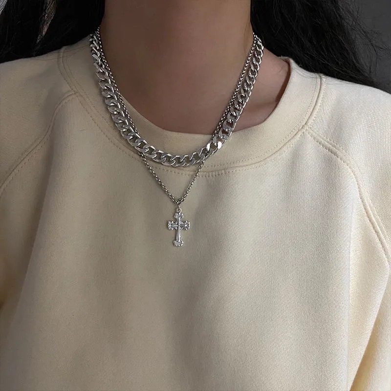 dây chuyền unisex hai lớp thánh giá HipHop phong cách Âu Mỹ cực ngầu