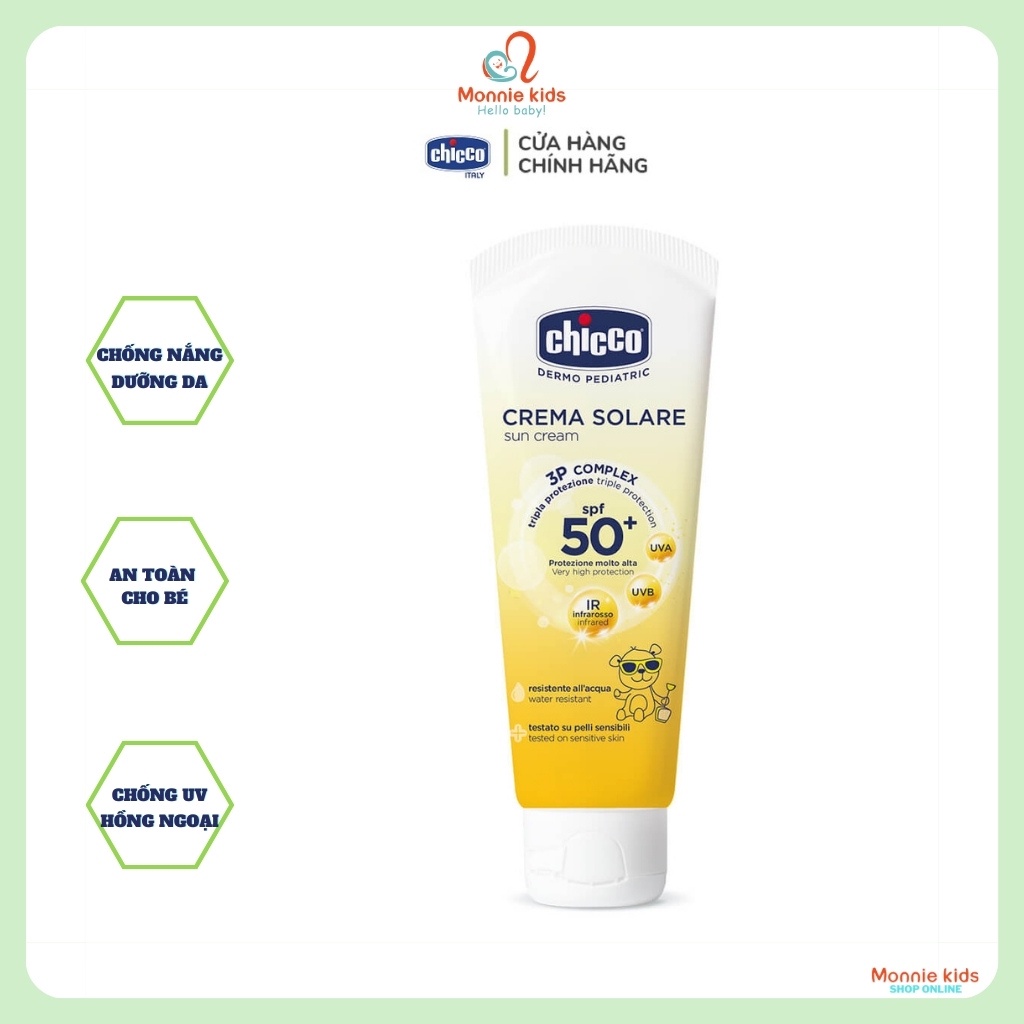 Kem chống nắng cho bé CHICCO SPF 50+ 75ml, kem chống nắng dưỡng da cấp ẩm - Monnie Kids