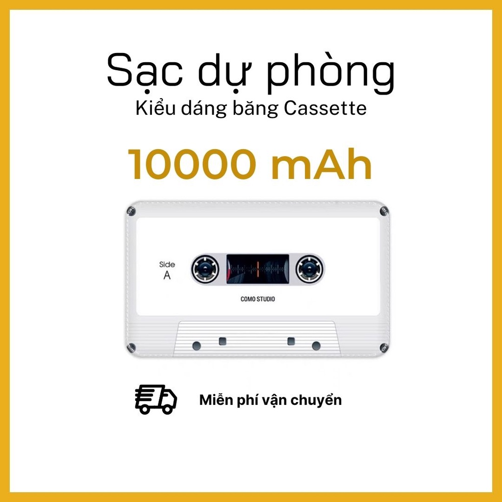 Pin dự phòng 10000mAh kiểu dáng băng cassette trắng, sạc dự phòng power bank
