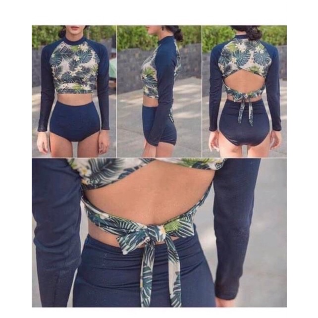 Bikini, đồ bơi đi biền nữ hai mảnh áo dài tay croptop quần cạp cao kín đáo