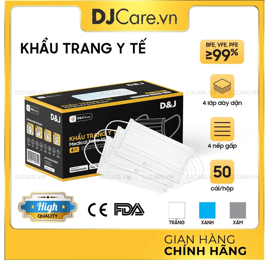 Khẩu trang y tế 4 lớp D&amp;J (50 cái/ hộp) KTYT - HÀNG CAO CẤP FAMAPRO - BẢO VỆ HÔ HẤP - DJ - D&amp;J CARE