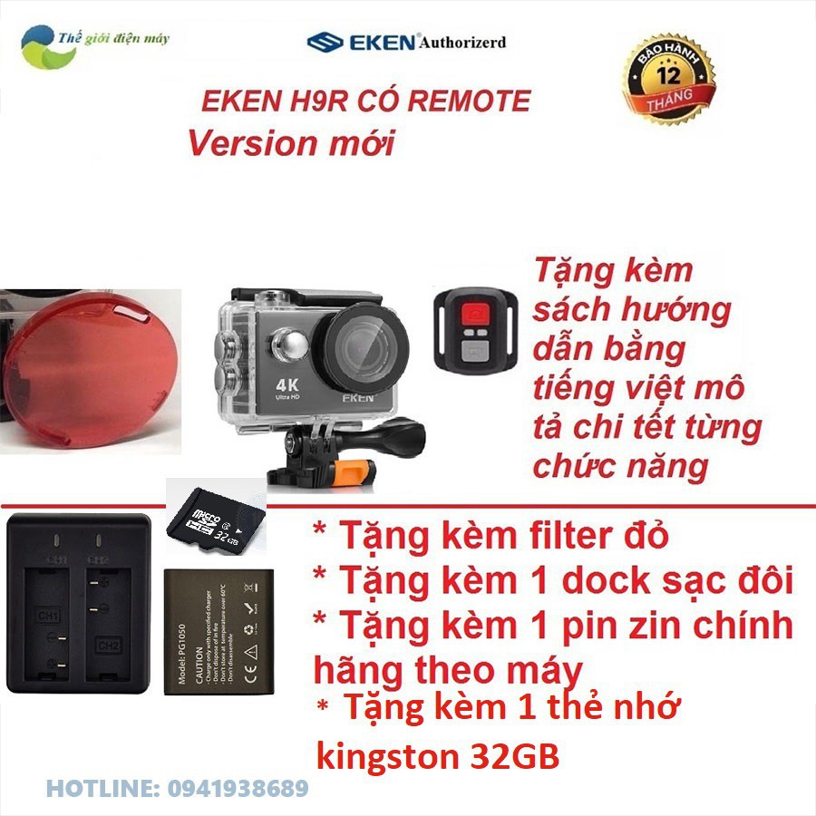 Camera thể thao Eken H9R(có remote) version 8.1 tặng filter đỏ, dock sạc đôi và pin 1050 và thẻ nhớ kingston 32GB HOT