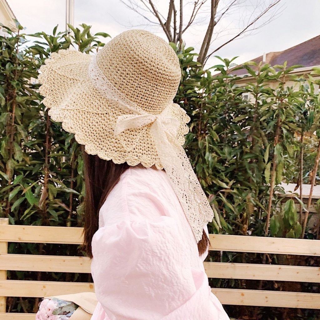 Nón cói,mũ cói nữ mềm nơ ren tiểu thư hàng nhập cao cấp thắt được 2 kiểu_ren trắng 2 kiểu