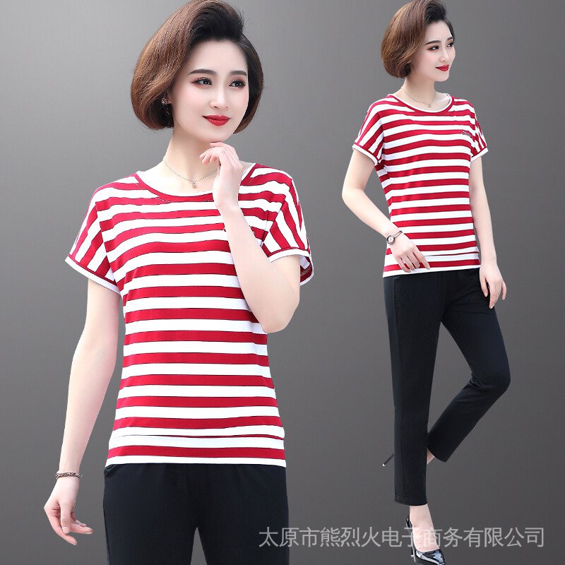 Đầm Thể Thao Tay Ngắn Kẻ Sọc Thời Trang Mùa Hè Cho Nữ Trung Niên 40-50 Tuổi 60 Tuổi