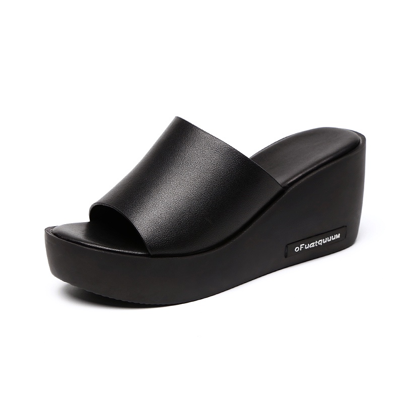 ▦ஐSnowy Yierkang s new leather women s sandals and slippers with high heels, one-word women s slippers, slope-heeled platform non-slip women s shoes