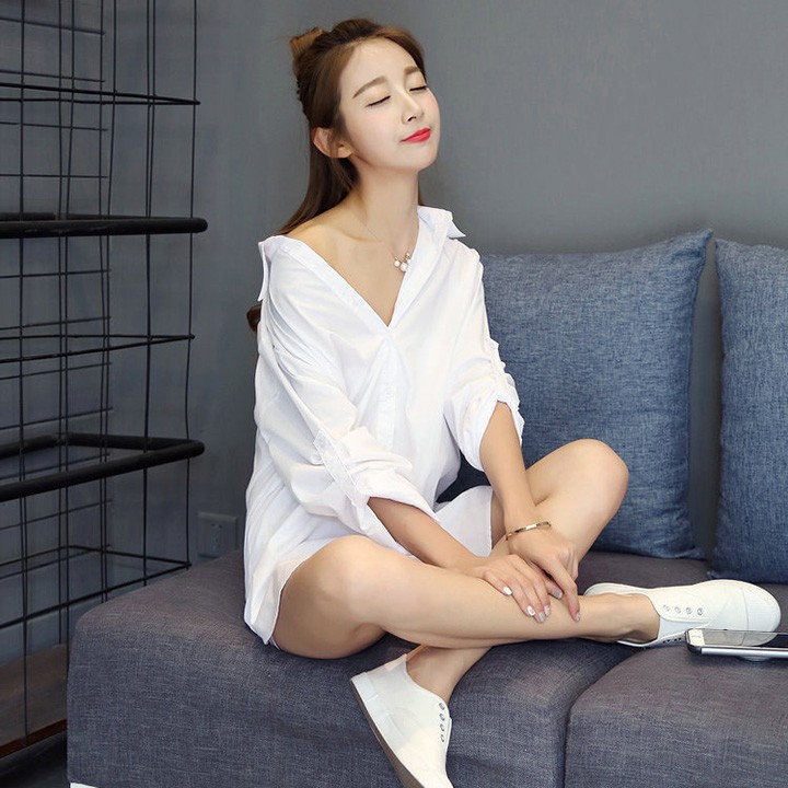 Áo sơ mi trắng giấu quần nữ dài tay kiểu dáng Hàn Quốc ( SƠ MI TRẮNG ĐỦ SIZE)