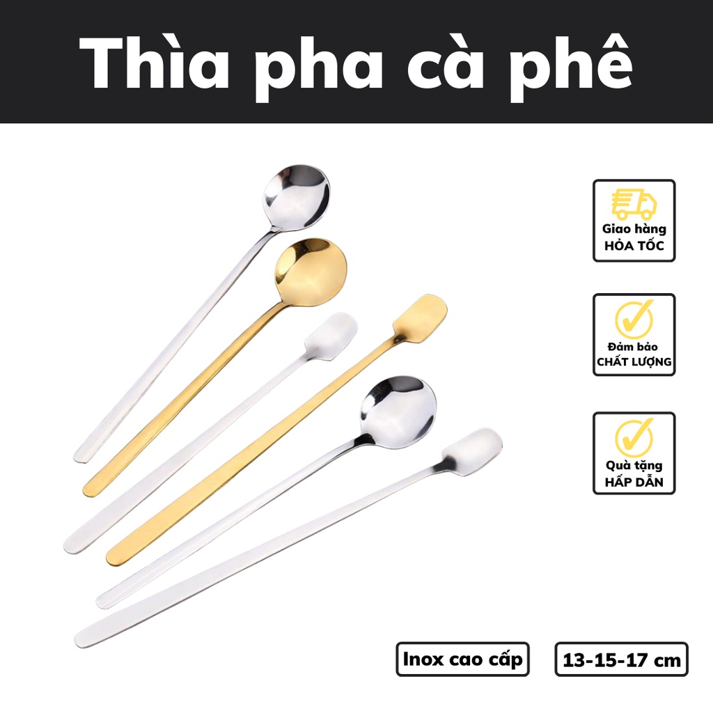 Thìa inox pha trà mạ vàng dụng cụ pha chế cà phê muỗng pha cafe cán dài thiết kế sang trọng độ dài 13 - 15 - 17 cm