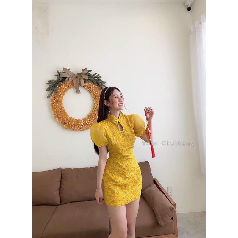 Đầm gấm xốp cổ Tàu tay phối voan