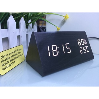 Đồng hồ gỗ led báo thức Nhiệt độ Độ ẩm hình tam giác
