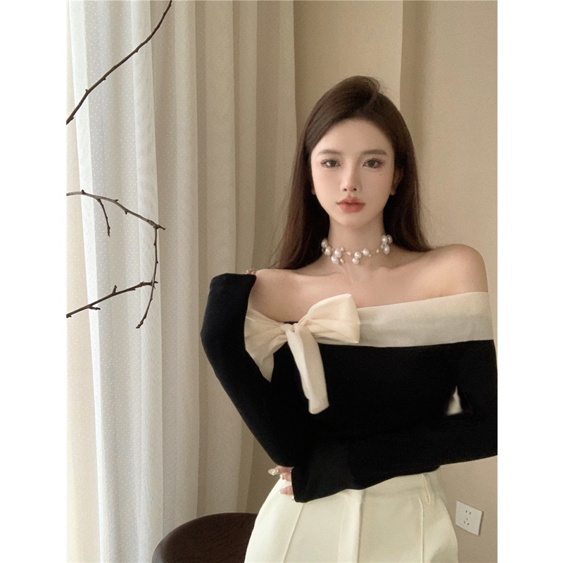 QKOOLE Áo Thun Nữ Trễ Vai Dáng Ôm Phong Cách Hàn Quốc