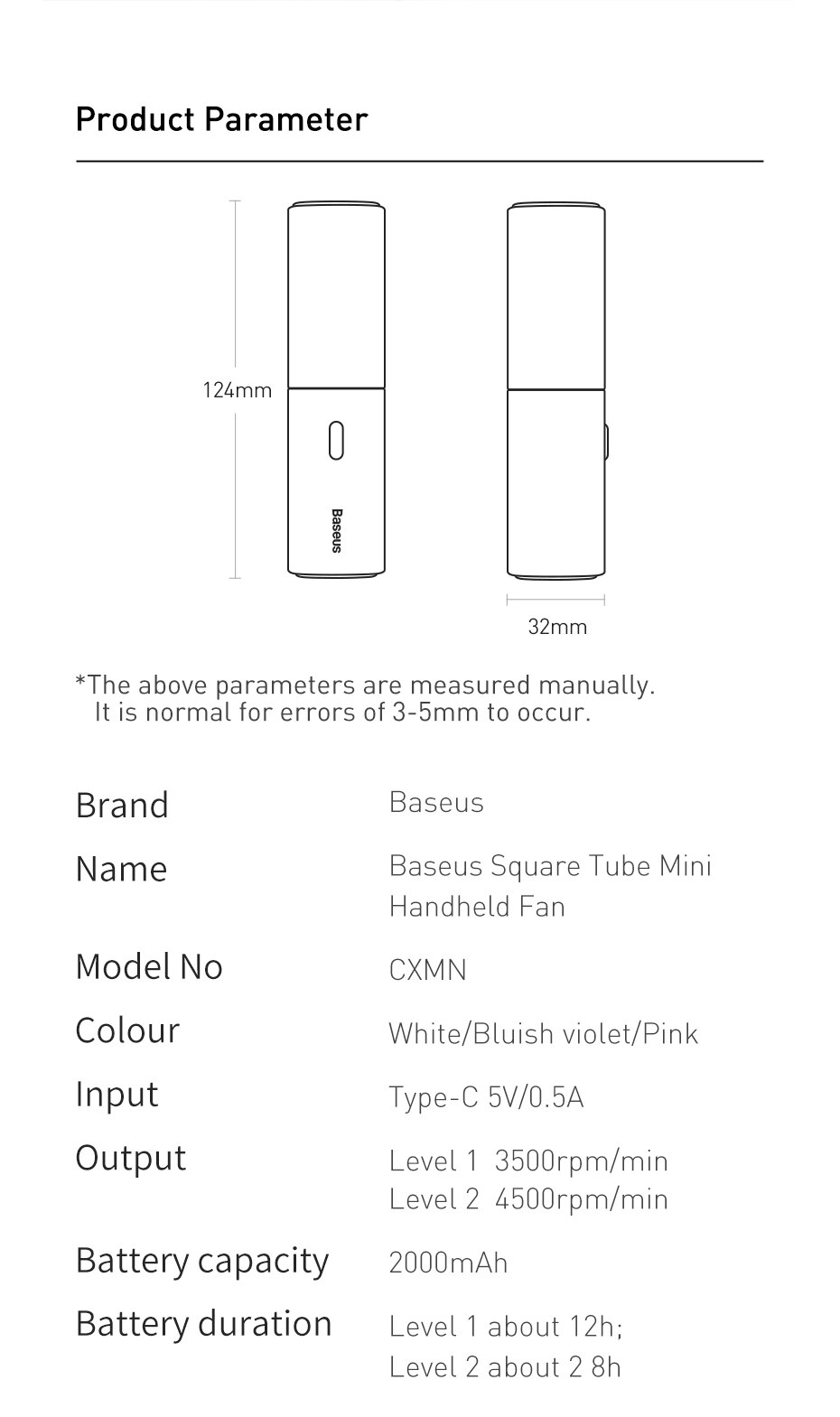 Quạt Baseus Cầm Tay Thỏi Vuông Mini Sạc USB Làm Mát Mùa Hè