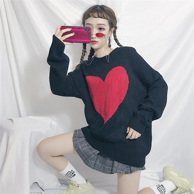 Áo Sweater Dệt Kim Dáng Rộng In Hình Trái Tim Phong Cách Thời Trang Mới Cho Nữ