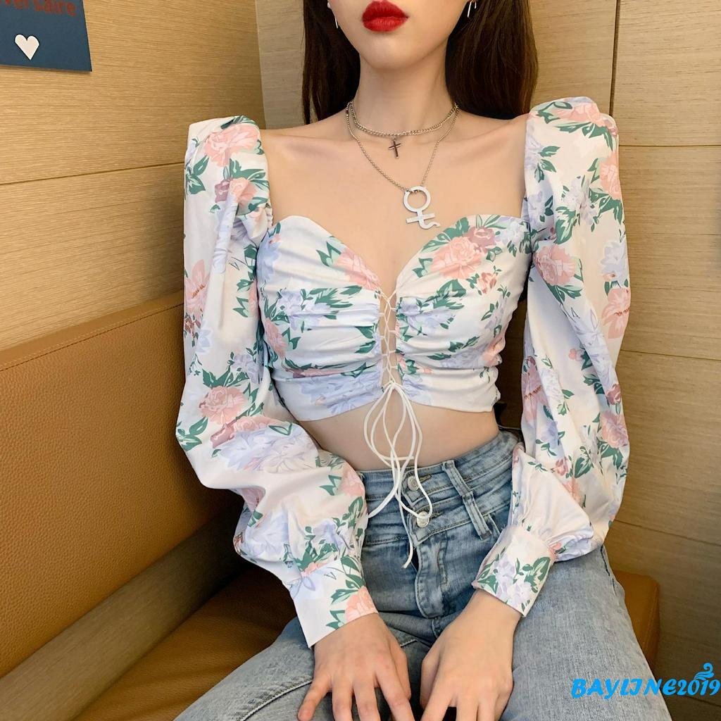 Áo Croptop Tay Phồng In Họa Tiết Hoa Quyến Rũ Dành Cho Nữ