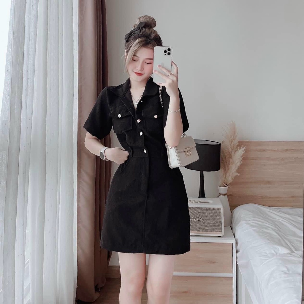 (Sale FreeShip) Đầm công sở,đầm sơ mi nữ túi hộp có đai thắt eo chất tăm nhung y mẫu,hàng chuẩn shop lên from xinh xĩu
