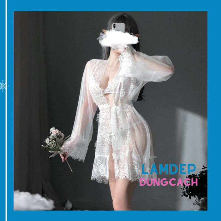 ►Áo choàng ngủ ren kèm nội y - Váy xuyên thấu siêu mỏng sexy tay dài gợi cảm CTD1057 Đẹp