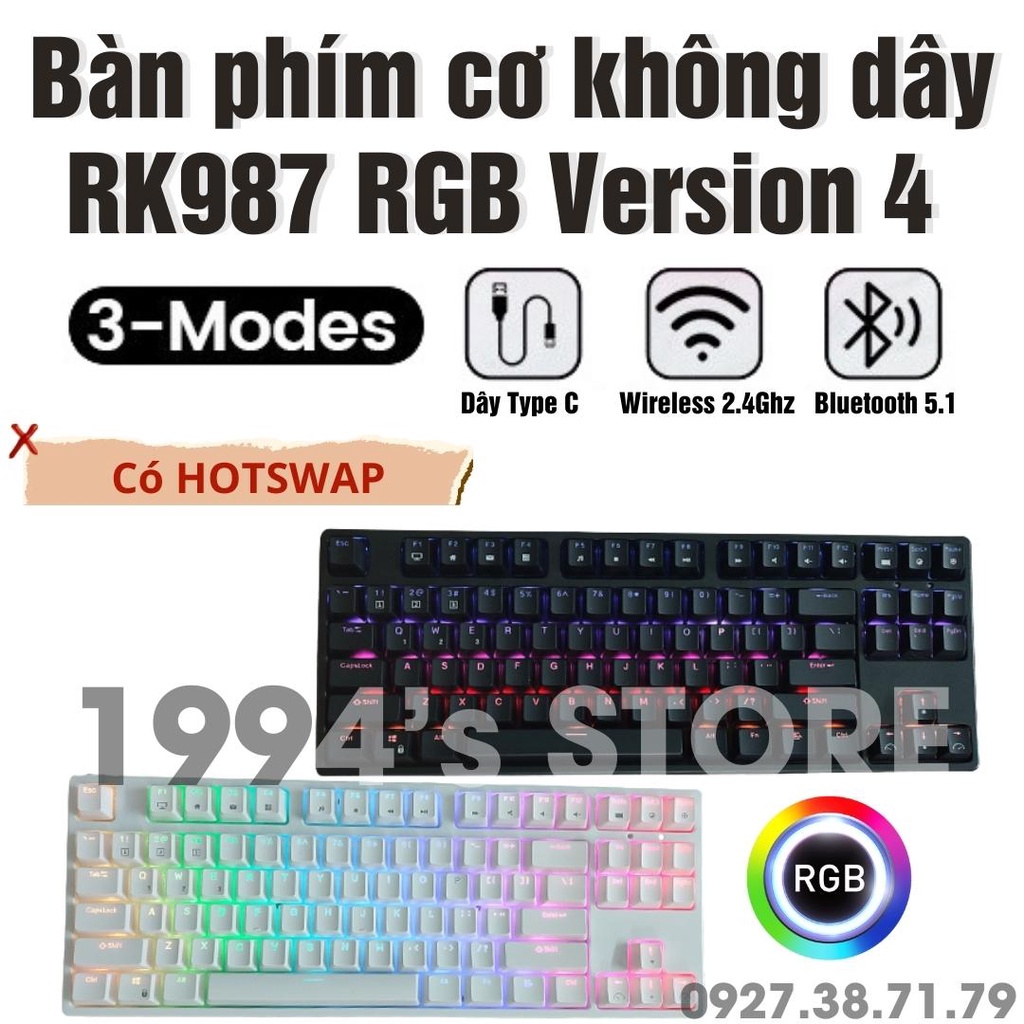 [Led RGB - HOTSWAP]  Bàn Phím Cơ Không Dây Royal Kludge RK987 Version 4 Wireless 2.4G + Bluetooth 5.1 + Có dây Type C