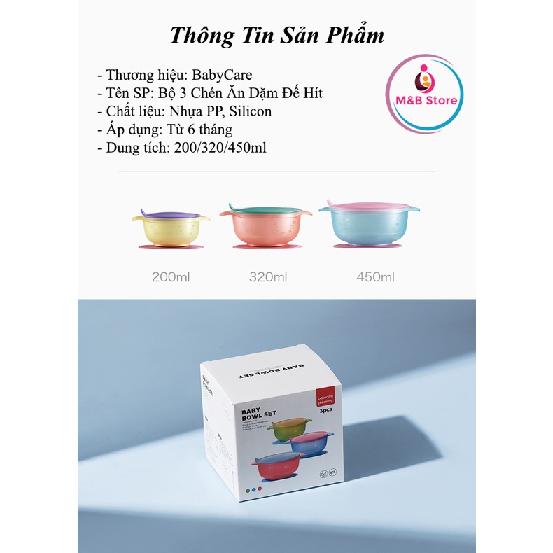 Bộ 3 Bát Ăn Dặm Kèm Nắp Và Đế Hít Tiện Lợi - BabyCare